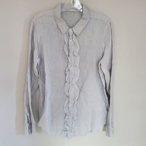 CP Shades Ruffle Gray Linen Top Blouse Button Front Made In USA Size M